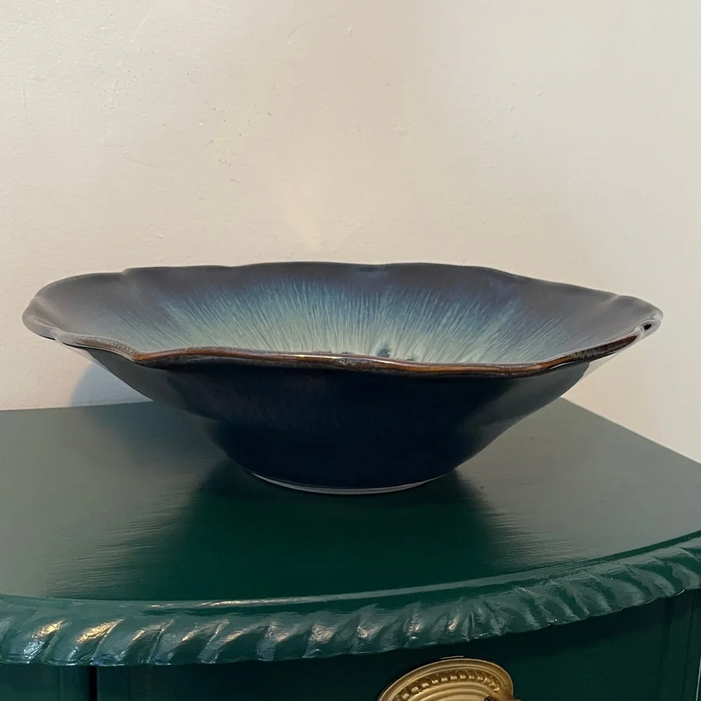 Bill Campbell Art Pottery Blue & Purple Drip Glaze Large Lotus Bowl 13''‎ Signed